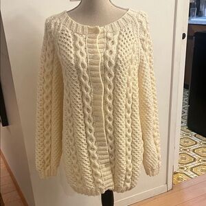 Vintage Irish Aran Wool Cable Knit Cardigan Cream Ivory Honeycomb XL